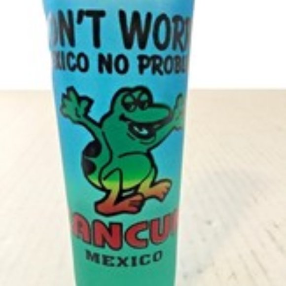 New Cancun "Don't Worry Mexico No Problem" Frog Frosted Blue Green 2 Oz. Shooter - Picture 1 of 7
